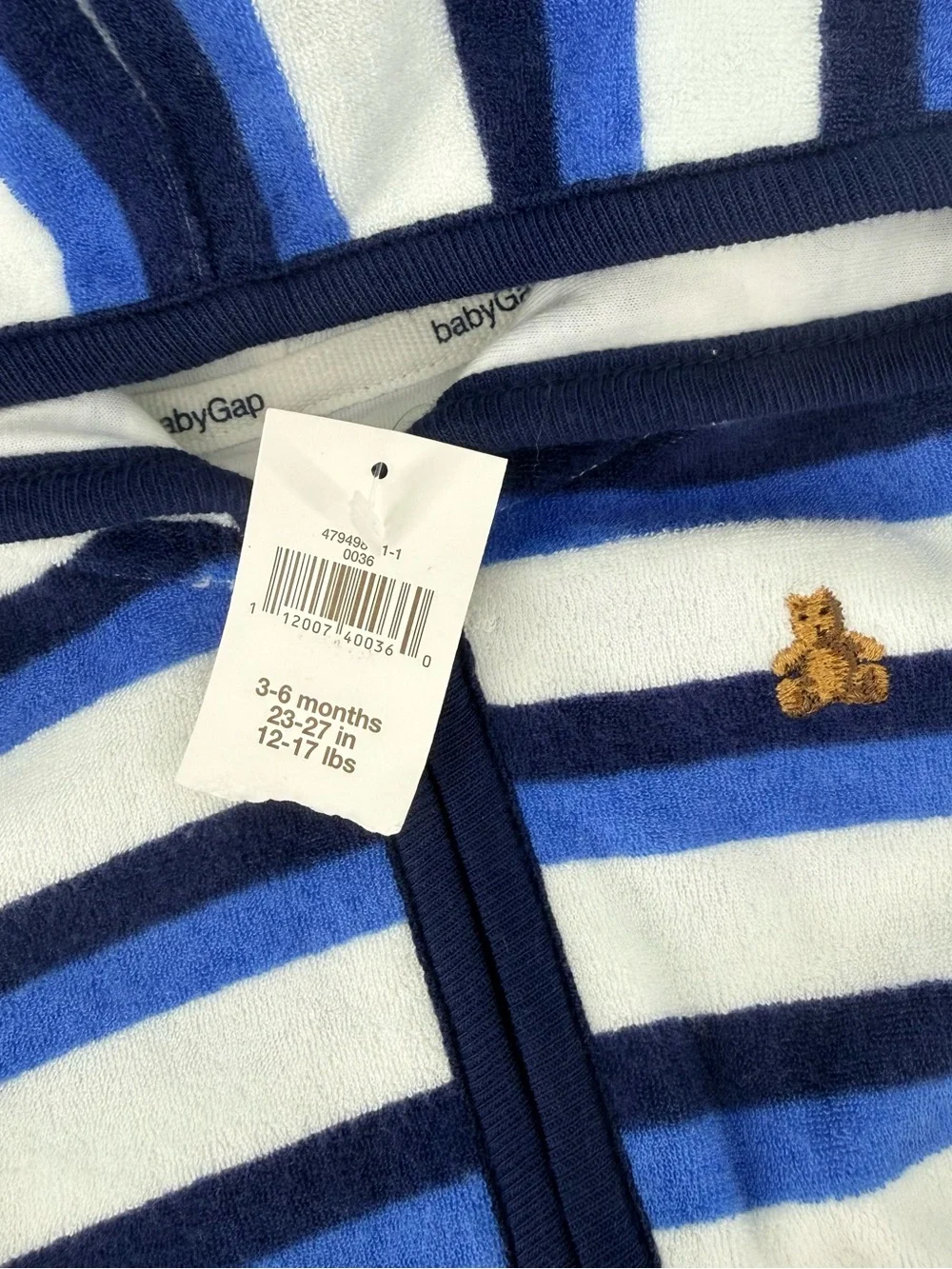 Baby GAP Blue and White Striped Baby Boy Hooded Terry Cloth One-Piece Romper